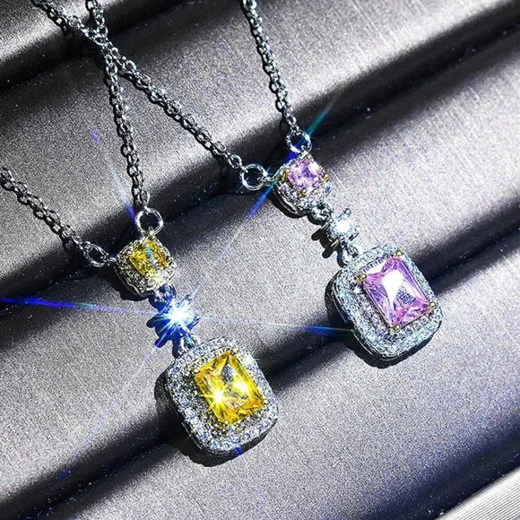 🎁Bling Double Royal Yellow Zircon Silver Plated Necklace for Women, UNVN12412 - Picture 4 of 7